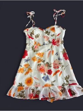 White Floral Tie-Shoulder Sundress with Ruffle Hem